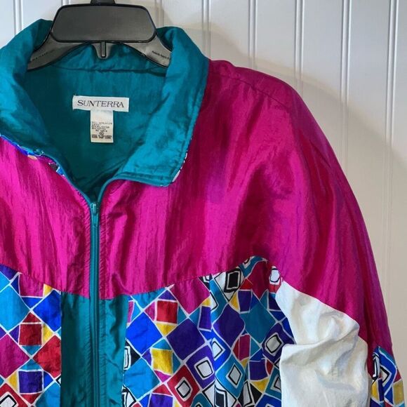 VTG 90s Windbreaker Jacket Geometric Colorblock Womens XLarge Full Zip Sunterra - Picture 3 of 11